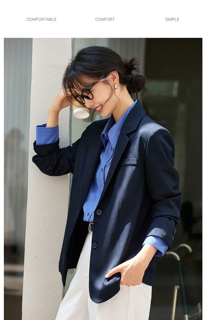 Women's Navy Blue Jackets Autumn 2026 Oversize Elegant Office Wear Blazer Notched Ladies New in Coats and Jackets A2360