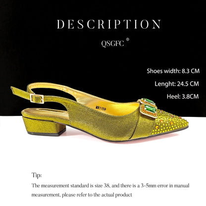 New Italian Olive Pumps and Bag for Party 2024 INS Style Pointed-Toe Rhinestone Elegant Low Heels Wedge for Wome