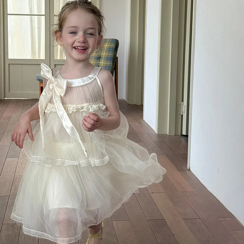 Girls Princess Dress Summer Kids French Sweet Sleeveless Bowknot Tulle Tutu Fluffy Birthday Party Pageant Dresses