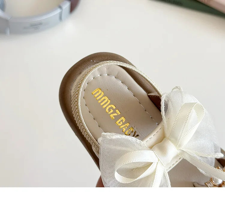 Brand Designer Ribbons Sandals for Girls Beaded Flip Flop Evening Party Dress Shoes Tulle Bow-tie Child Shoes Girl Sandal I06034