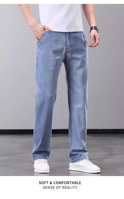 Summer Thin Straight Loose Wide Leg Pants Men's Silk Smooth Denim Jeans Casual Long Trousers Business Gentleman Style Water W...