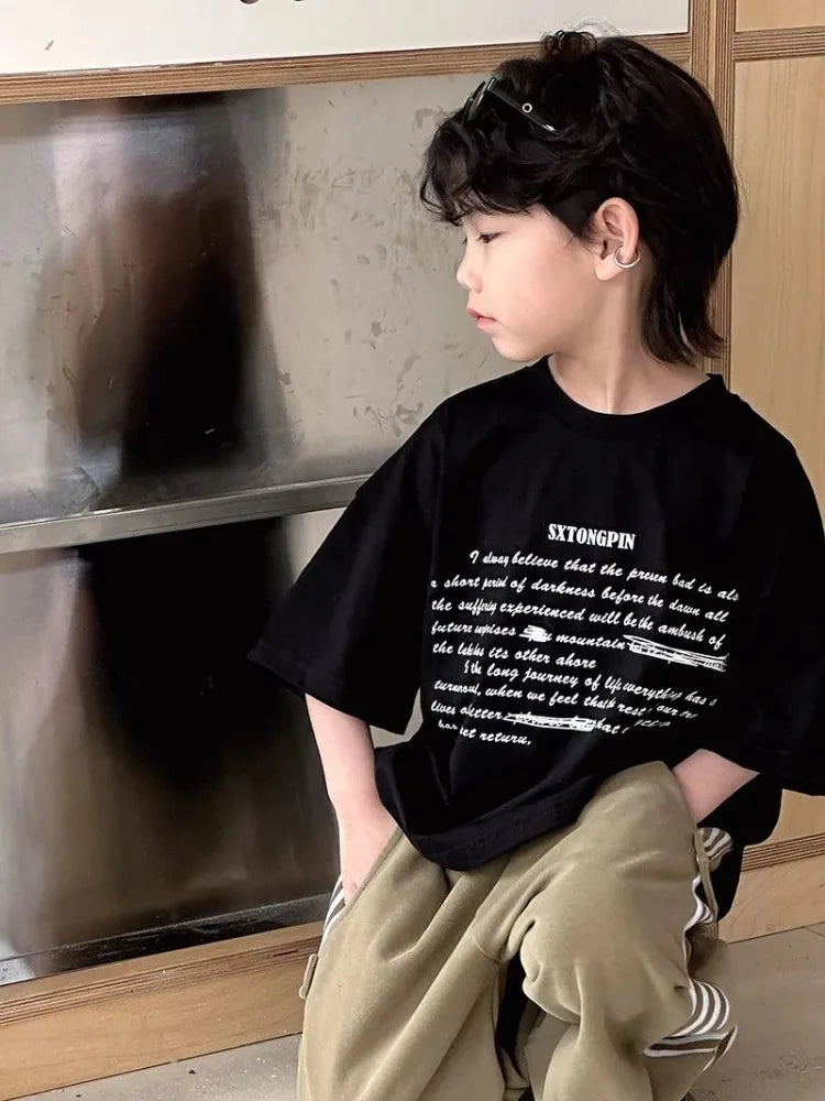 Boys' Korean Style 100% Cotton Short Sleeve T-Shirt Summer New Letter Print Casual Streetwear Cool
