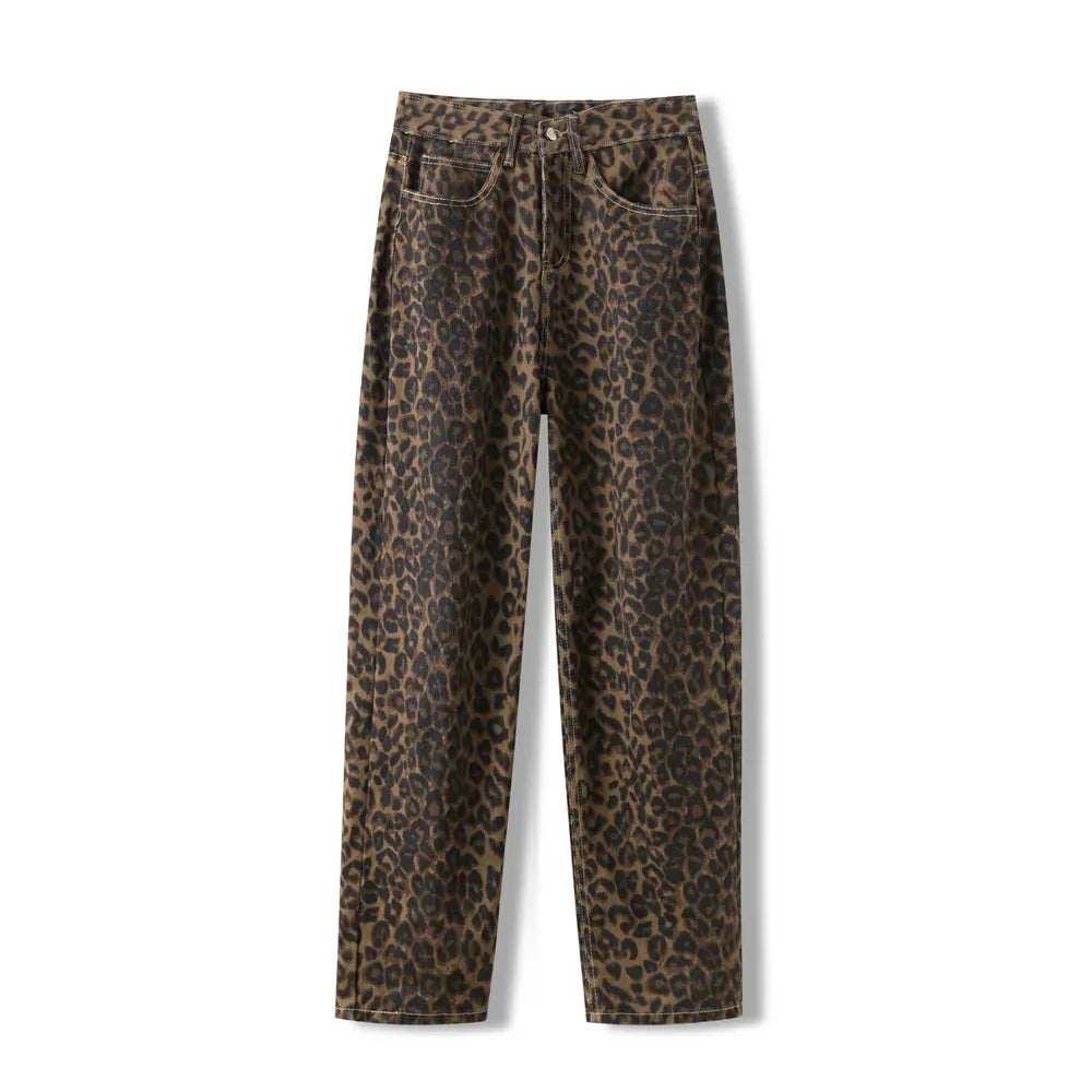 High Waisted Leopard Print Jeans for Women Y2k Retro Streetwear Denim Pants Hip Hop Straight Wide Leg Baggy Jeans
