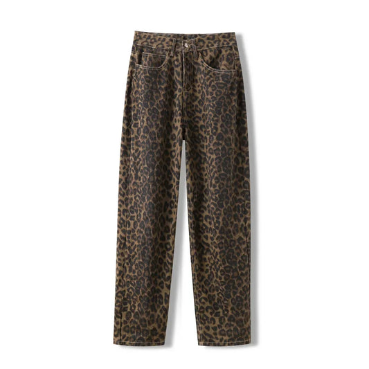 High Waisted Leopard Print Jeans for Women Y2k Retro Streetwear Denim Pants Hip Hop Straight Wide Leg Baggy Jeans