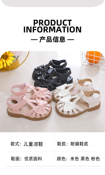 Cute Girls Sandals Bow Peep-toe 2023 New Soft Hook & Loop Beige Kids Princess Shoes Casual Shoes PU Cute Children Shoes Non-slip