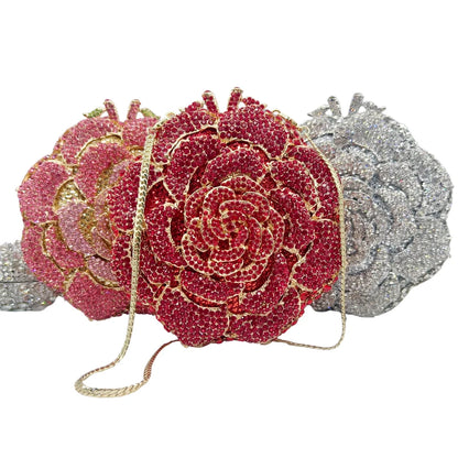 Luxury Rose Shape Diamond Rhinestone Clutch Bag Hollow Metal Banquet Wedding Handbag Women Evening Bag