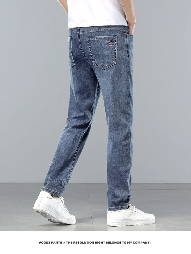  Brand Clothing Spring Summer Slim Men's Jeans Casual Breathable Cotton Fabric Stretch Denim Pants Blue Trousers Male Plus Size