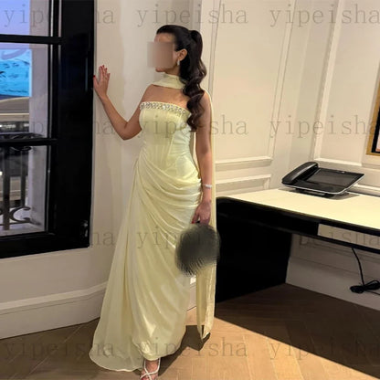 Customized Strapless Evening Dresses Pleat rhinestone Beading Draped Straight ProM Gown Modern Long Chiffon Backless Party Dress