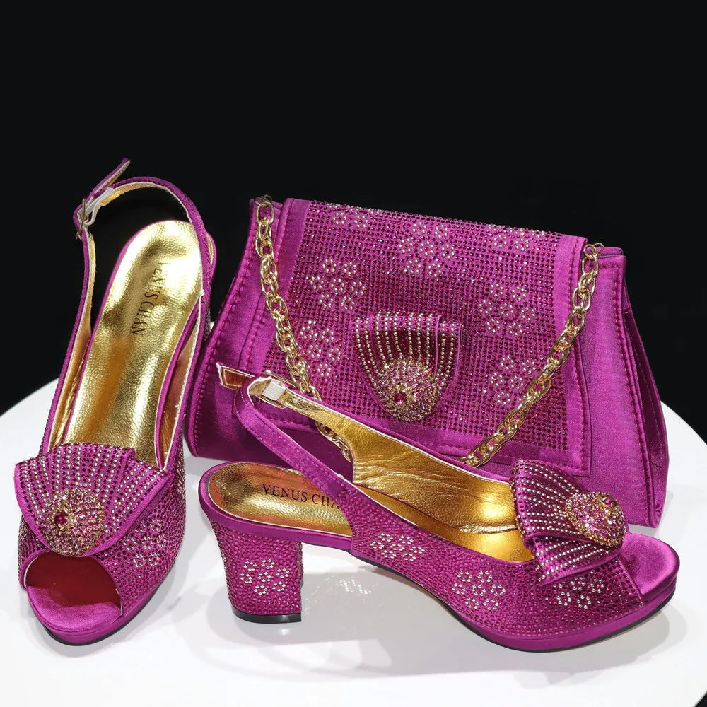 2024 Italian Design Girly Style Golden Color Wedding Shoes And Bag Full Diamond Decoration Metal Closure Bags