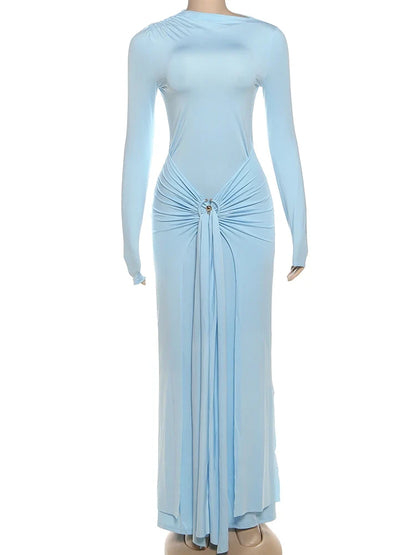 Ruched Elegant Maxi Dress Women Daily Casual Fashion Skinny Full Sleeve Solid Gown Midnight Prom Party Long Bodycon