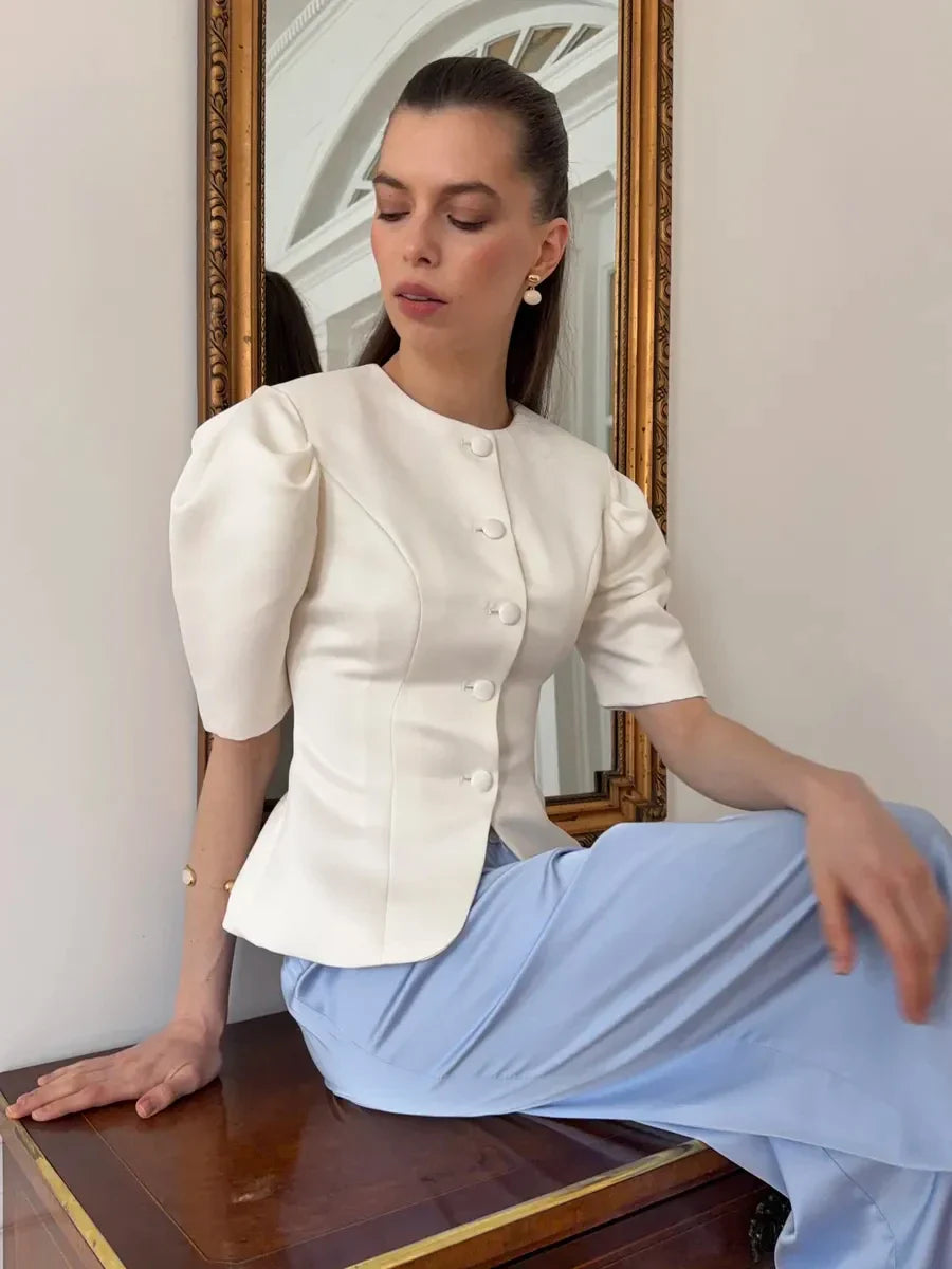 KT Elegant Satin Puff Sleeve Blouse for Women Round Neck Button Down Fitted Waist Asymmetric Hem Office & Formal Wear Tops