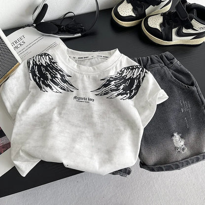 0-5Years New Baby Boy Fashion Cool Summer Clothes Suits Toddler Wings Printed T-shirt+Ripped Jeans 2pcs/sets Children Tracksuits