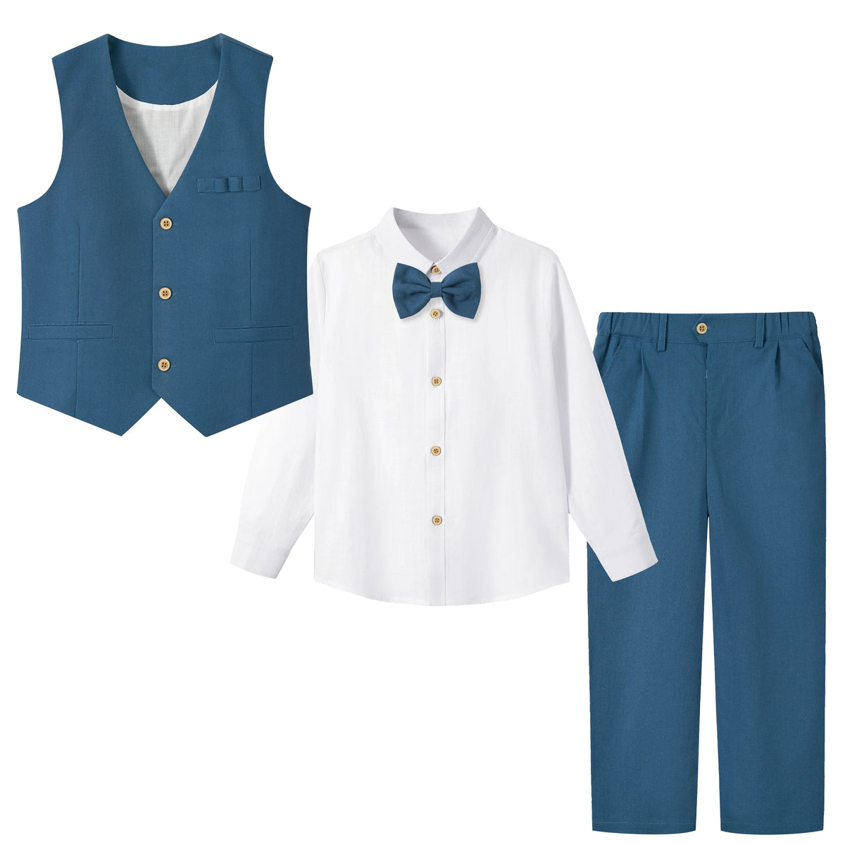 4Pcs Boys Linen Suit Dress Clothes Kids Graduation Wedding Outfit Shirt Vest Pants Set with Bow Tie 5-12 Years