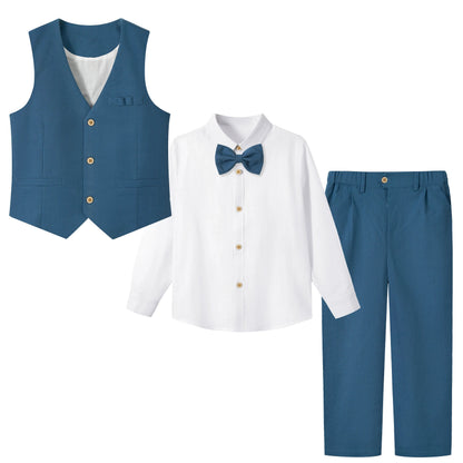 4Pcs Boys Linen Suit Dress Clothes Kids Graduation Wedding Outfit Shirt Vest Pants Set with Bow Tie 5-12 Years