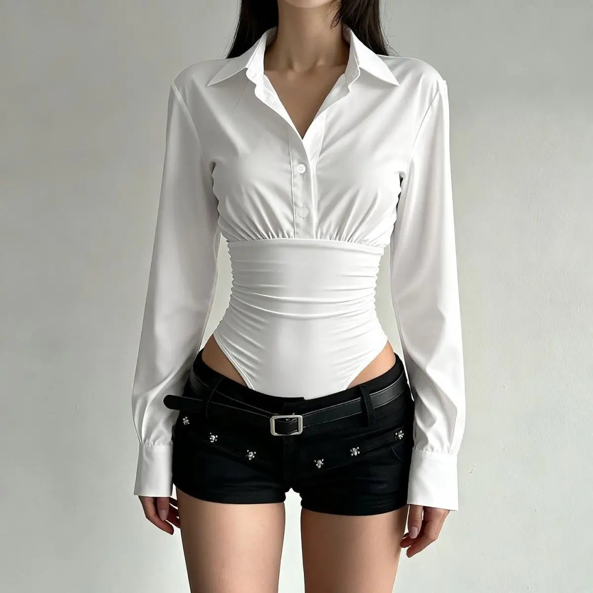 Summer Fashion New Design Sense High-end Spicy Girl Three-dimensional Top Simple Slim Fit Versatile Long Sleeved Jumpsuit Shirt