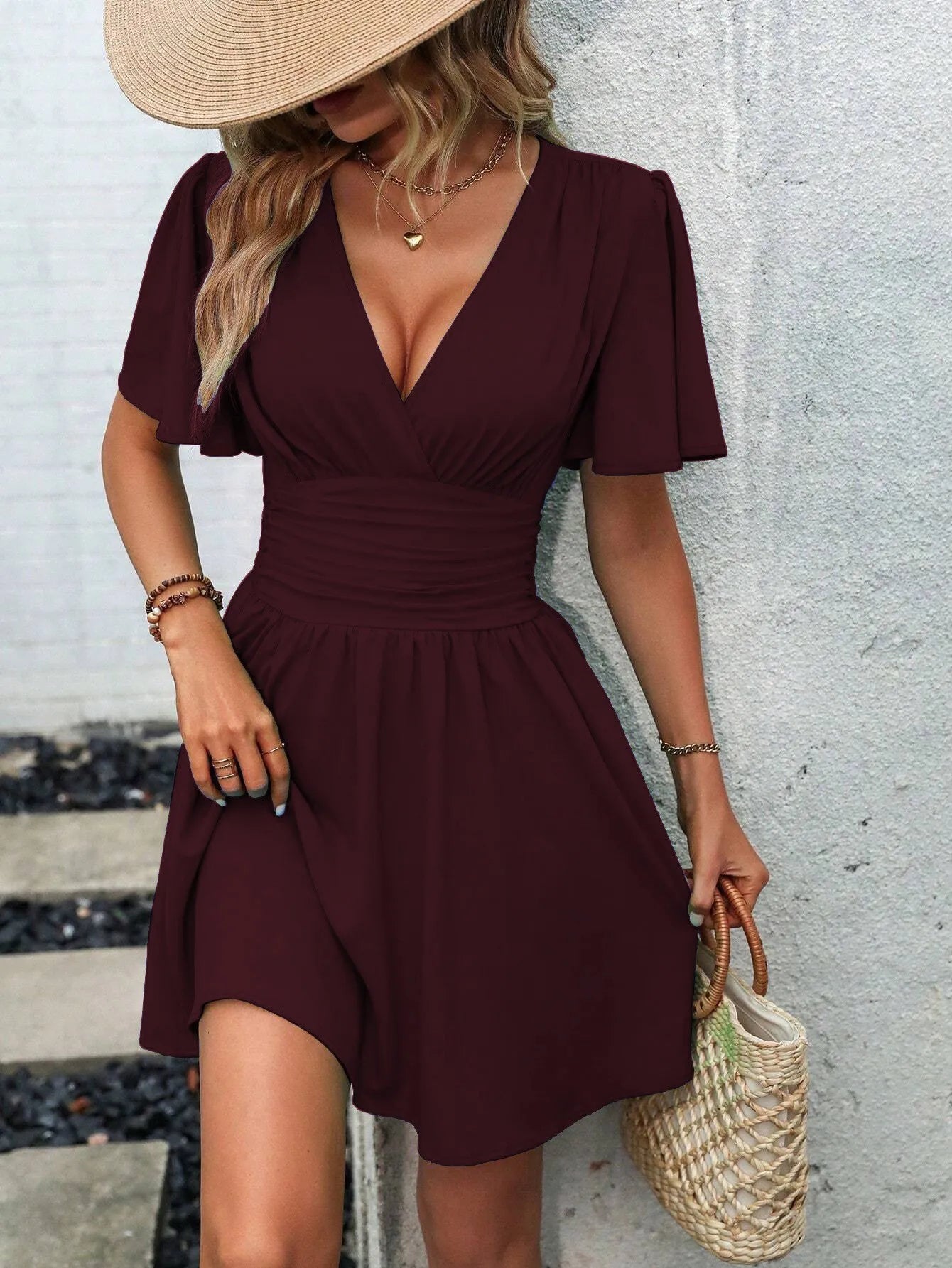 2025 New Summer Deep V-Neck Smocked Ruffled Sleeves Bodycon Dress Women French Retro Style Solid Color Short Long Midi Maxi Dres