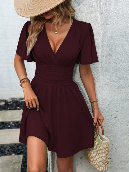 2025 New Summer Deep V-Neck Smocked Ruffled Sleeves Bodycon Dress Women French Retro Style Solid Color Short Long Midi Maxi Dres