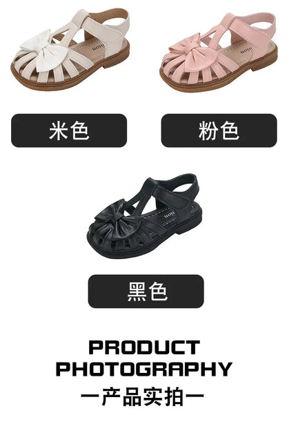 Cute Girls Sandals Bow Peep-toe 2023 New Soft Hook & Loop Beige Kids Princess Shoes Casual Shoes PU Cute Children Shoes Non-slip