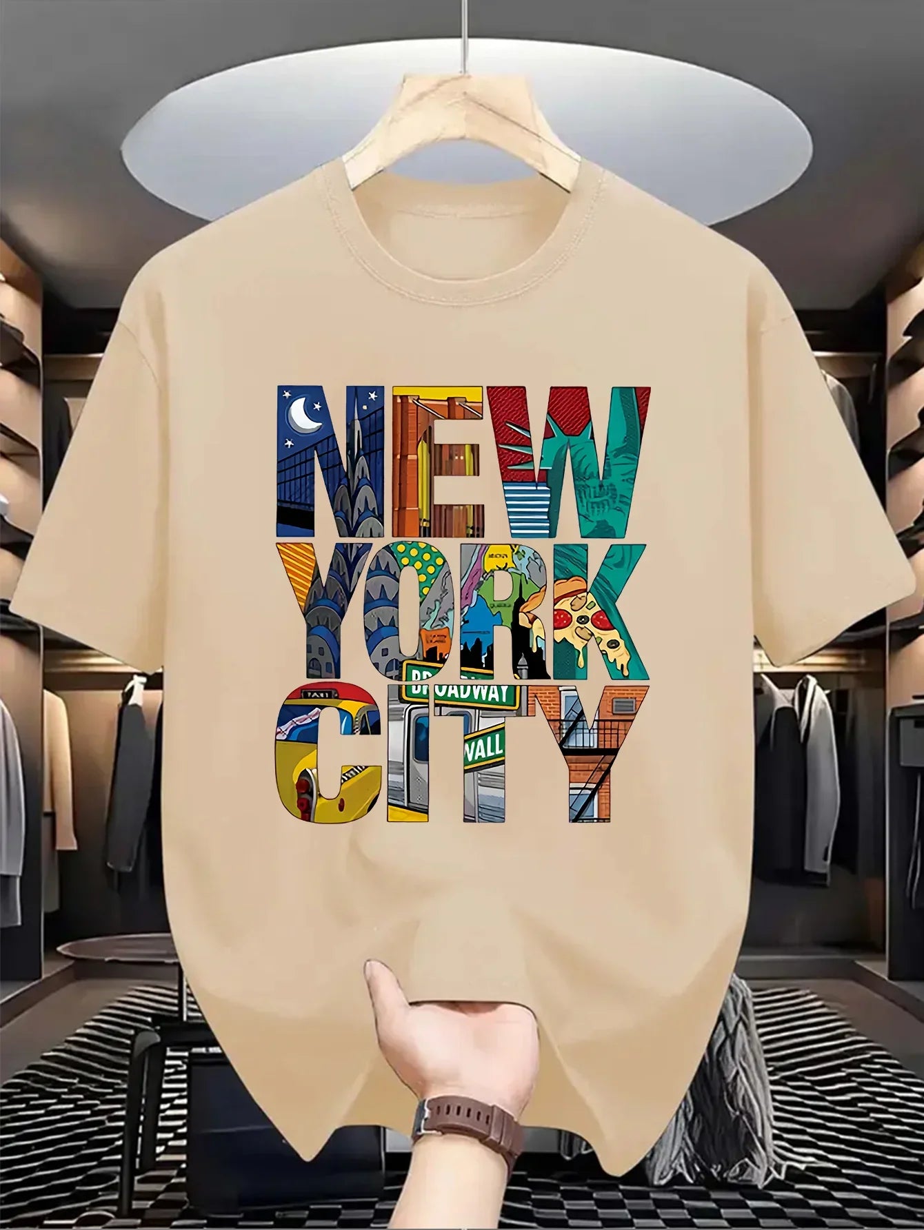 Summer men's 100% pure cotton casual loose fit plus size New York City printed comfortable round neck short sleeved T-shirt top