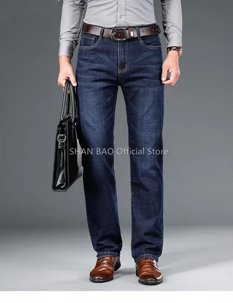2024 autumn spring fitted straight stretch denim jeans classic style badge youth men's business casual jeans trousers