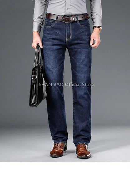 2024 autumn spring fitted straight stretch denim jeans classic style badge youth men's business casual jeans trousers