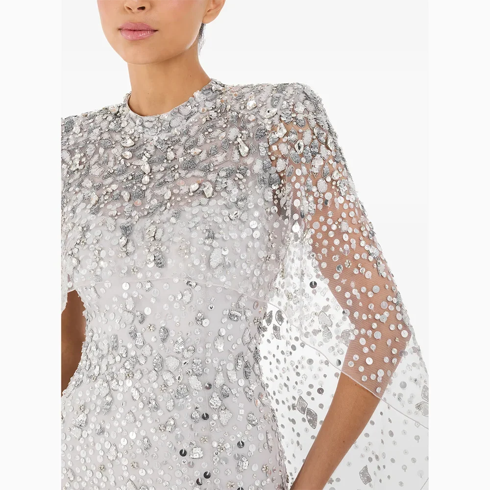 Customized  O-neck Half Slevees Evening Dresses Elegant Formal Occasion Prom Gowns Beading Straight Floor Length Prom Dress