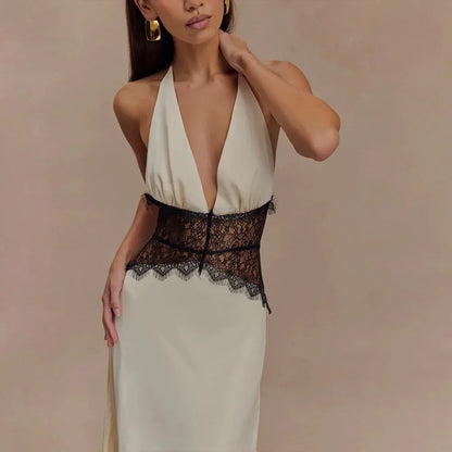Sexy Deep V-neck Backless Lace Patchwork Satin Dresses for Women 2026 Summer Halter Sleeveless Long Maxi Party Evening Dress