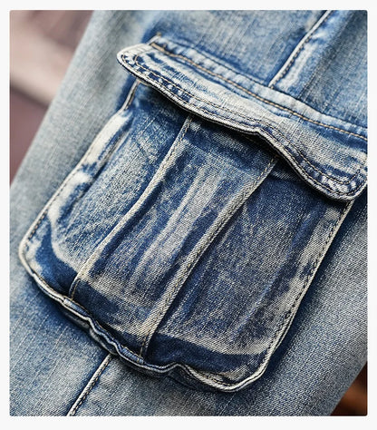 American Style Workwear Denim Shorts Summer Elastic Outdoor Trendy Brand Multi-pocket Loose Shorts Y2k Street Knee-high Pants