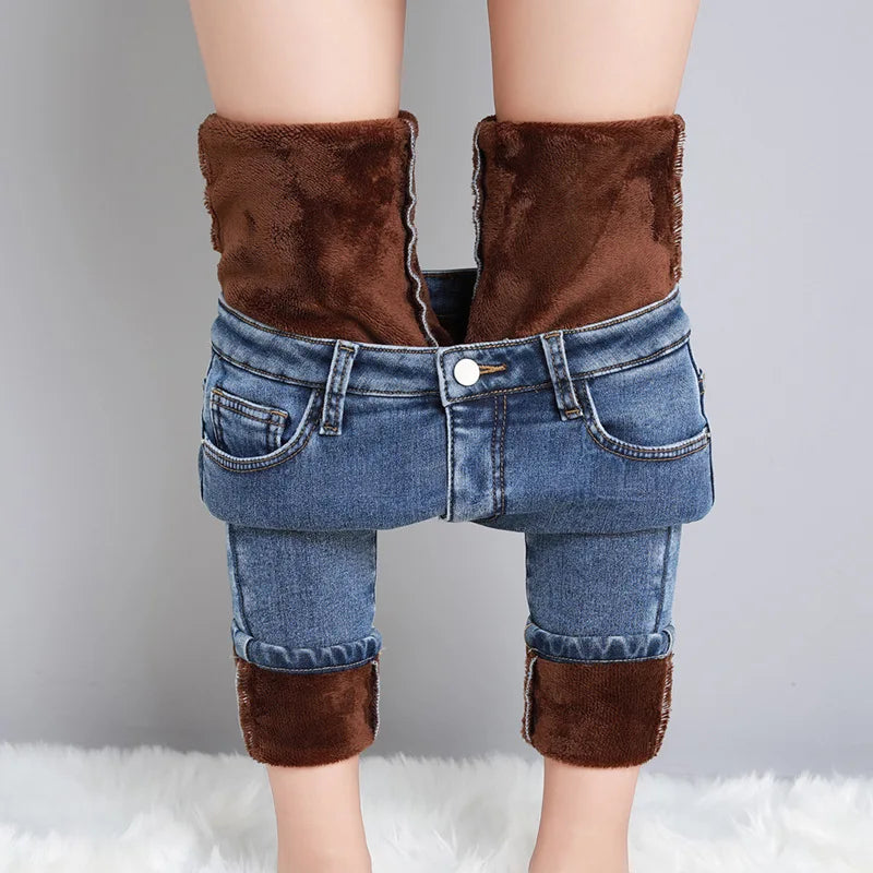 2023 Fashion Women Stretch High Waist Pencil Pants Casual Female Velvet Jeans High Quality Fleece Mom Jeans Thick Plush Pants