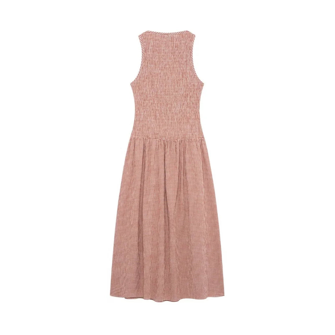 Dress for Women Fashion Summer New Plaid Fold Sleeveless O-neck Midi Vest Dresses French Chic Female Evening Clothing