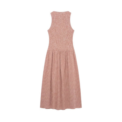 Dress for Women Fashion Summer New Plaid Fold Sleeveless O-neck Midi Vest Dresses French Chic Female Evening Clothing