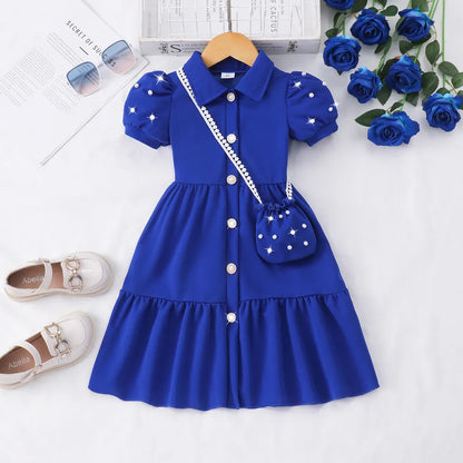【Free Bag】 Toddler Girl Dress Summer Pearl Casual Cute Children Princess Dresses Birthday Party Kids Girls Dress 3 4 5 6 7 Yrs