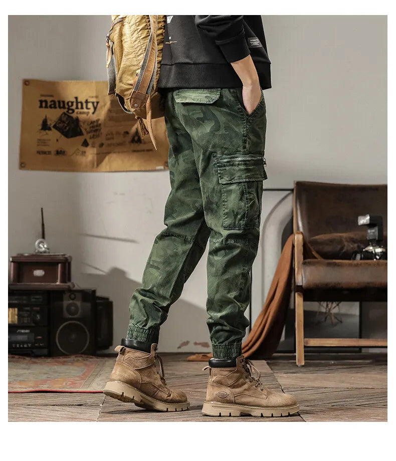 Length Men's Cargo Pant Cotton Stretch Casual Camouflage Trouser Male Camo Cuff Jogger Multi Zip Pocket Outfit Zipper Tied