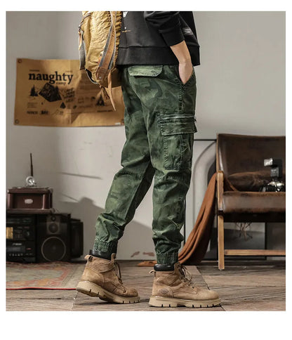 Length Men's Cargo Pant Cotton Stretch Casual Camouflage Trouser Male Camo Cuff Jogger Multi Zip Pocket Outfit Zipper Tied