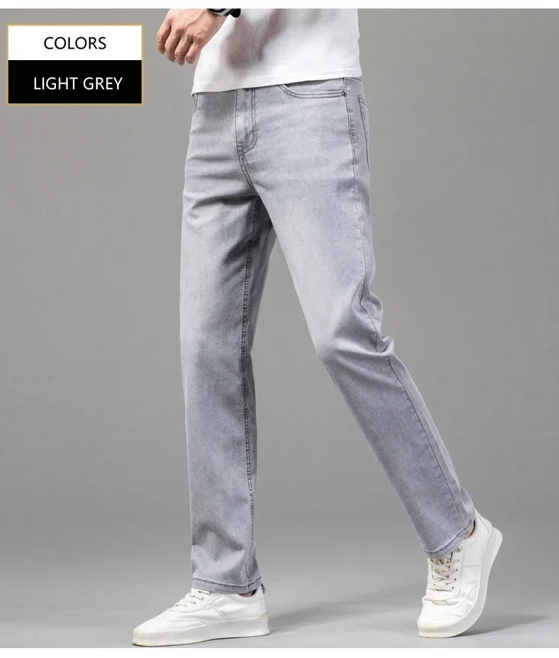 Summer Brand Men's Fit Straight Lightweight Cotton Stretch Jeans Business Casual High Waist Thin Light Grey Jeans mens pants