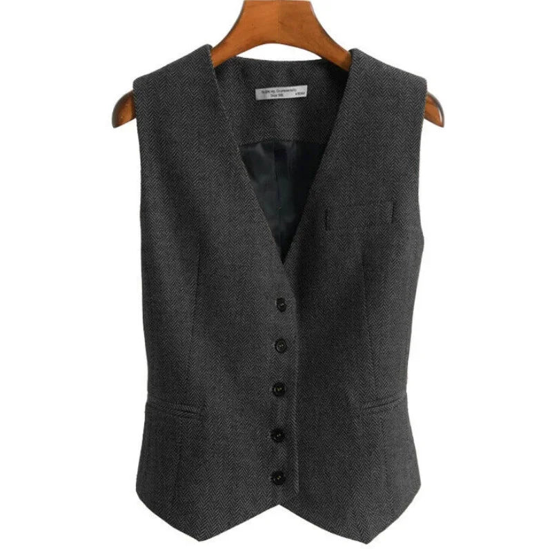 Women Vest Brown Fashion Vintage Herringbone Single Breasted Slim Fit Business Casual Profession Work Women Waistcoat