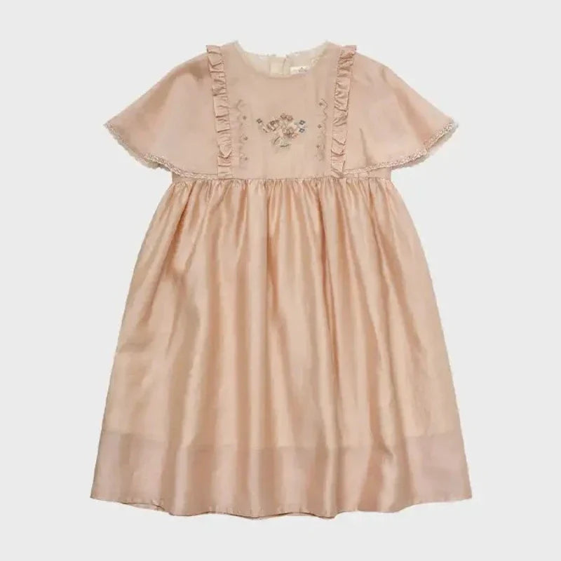 Summer LOU Girls' Printed Cotton Dress Short-Sleeved Handmade Embroidered Wide-Necked Children's Holiday Dress