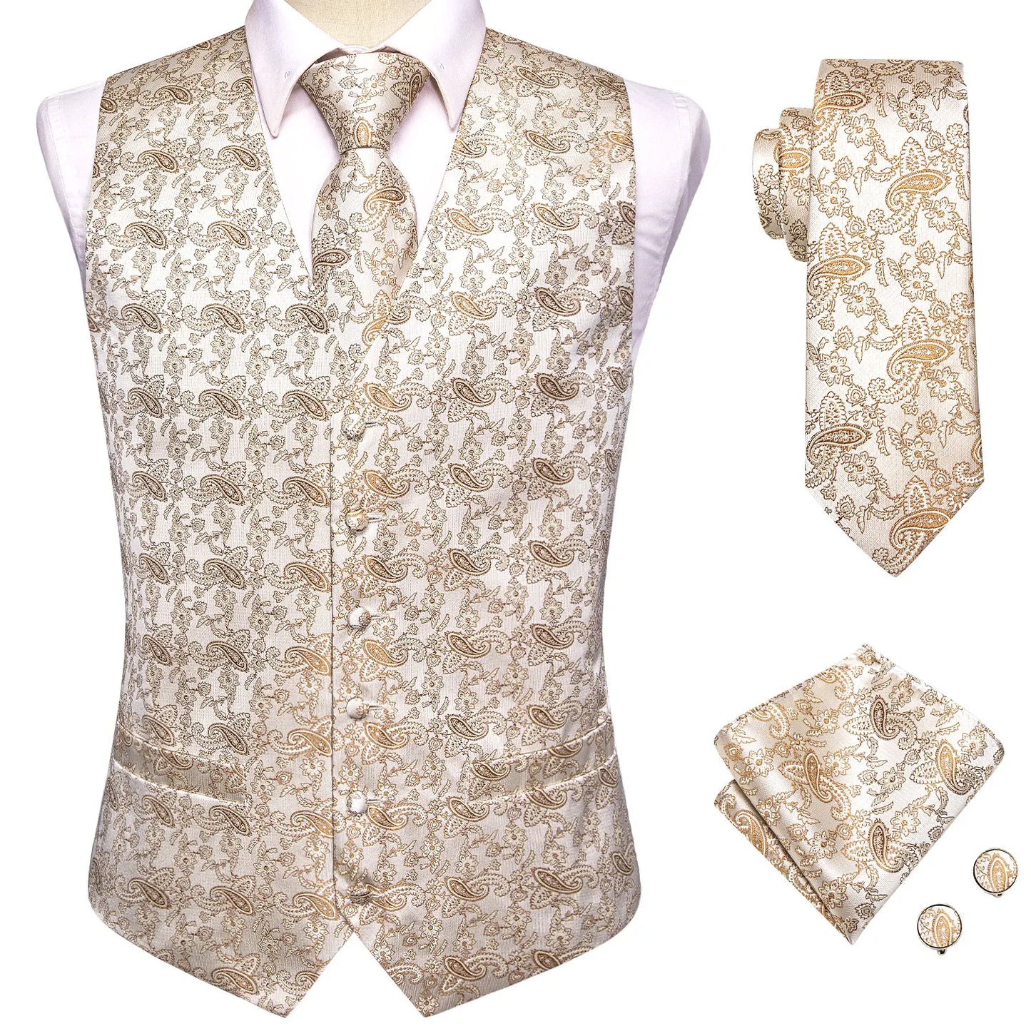 Champagne Mens Vest Tie Set Fashion Paisley Jacquard Western Waistcoat Necktie Hanky Cufflinks Wedding Business Gift Hi-Tie