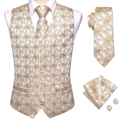 Champagne Mens Vest Tie Set Fashion Paisley Jacquard Western Waistcoat Necktie Hanky Cufflinks Wedding Business Gift Hi-Tie
