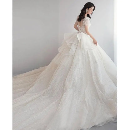 Luxury Short Sleeve Wedding Dress 2026 New Bridal Dress V Neck Beading Shinning Ball Gown Sweep Train Vestido  Noiva Customized