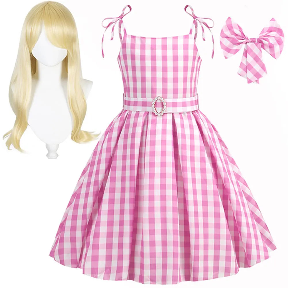 2025 Summer Beach Baby Girl Pink Cute Sleeveless Plaid Slim Strap Dress For Girl Cowboy Look Stripe Dress Set With Belt