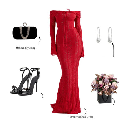 Autumn Off-Shoulder Maxi Dress Elegant Lace Flare Sleeves Red Evening Party Dress Women's New Arrival 2025 Cocktail Dress