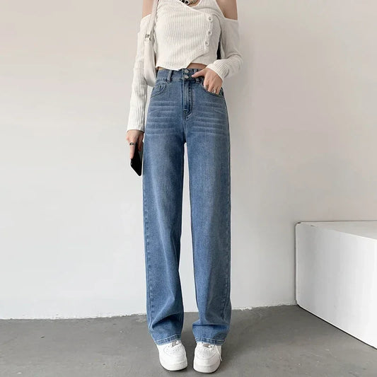 Loose Straight Women's Jeans Fashion Stretch Soft Drape Multi-button High Waist Denim Trousers Street Fashion Female Clothing