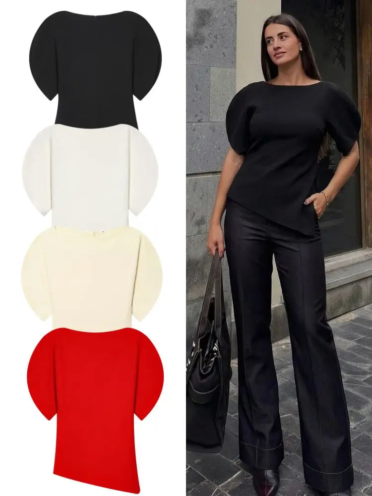 Spring Summer Women Casual Asymmetrical T-Shirts Fashion Solid Female O-Neck Short Puff Sleeve Blouse Lady Office Chic Tops