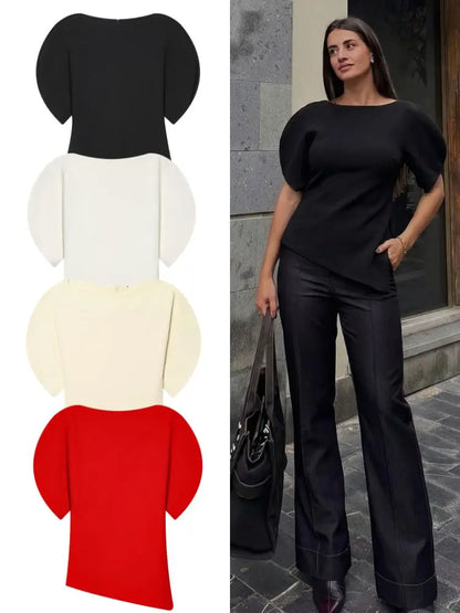 Spring Summer Women Casual Asymmetrical T-Shirts Fashion Solid Female O-Neck Short Puff Sleeve Blouse Lady Office Chic Tops