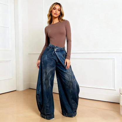 Wide Leg Pants Women Vintage Denim Jeans Punk Style Loose Trousers Stretch Mid Waist Washed Distressed 2026 Mom Streetwear