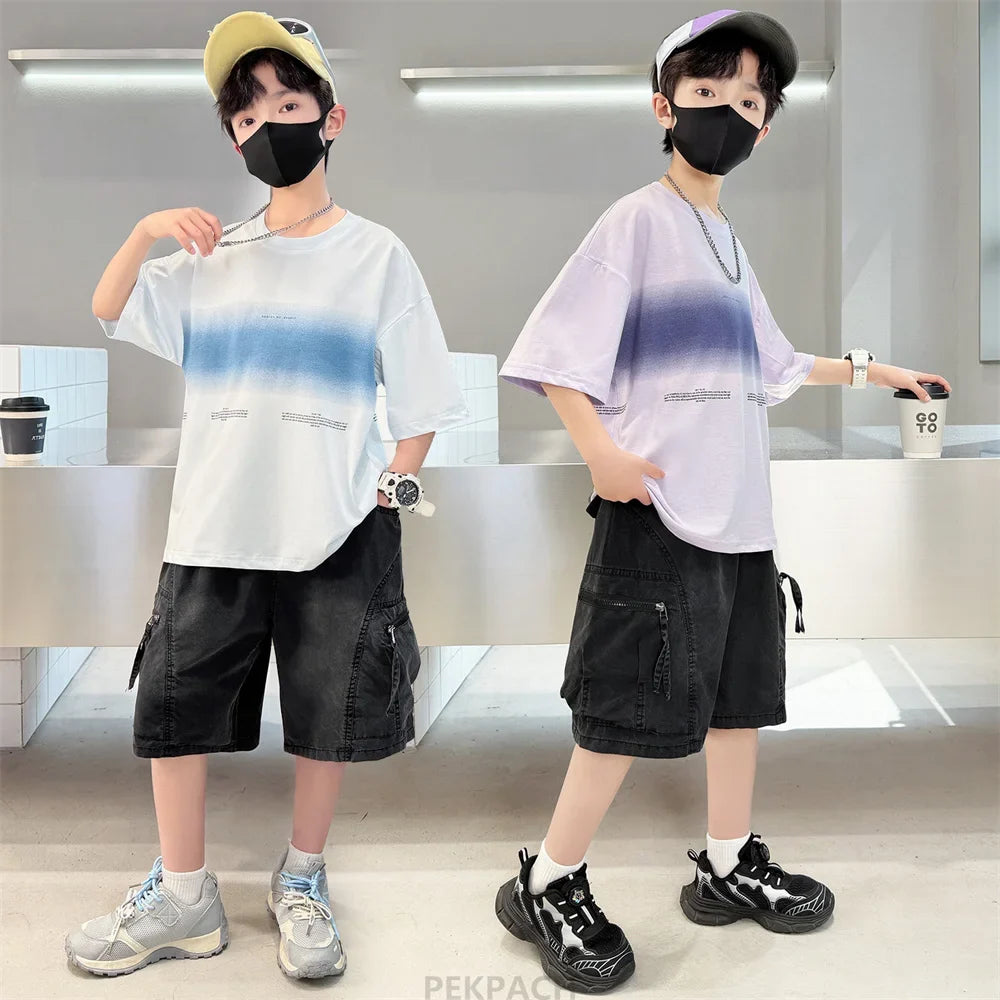 Luxury Children's Summer Clothing Top and Bottom Set For Boys 2PCS Cotton Outerwear Suit Kids School Clothes Tracksuit Age 5-14Y