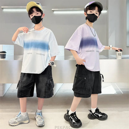 Luxury Children's Summer Clothing Top and Bottom Set For Boys 2PCS Cotton Outerwear Suit Kids School Clothes Tracksuit Age 5-14Y