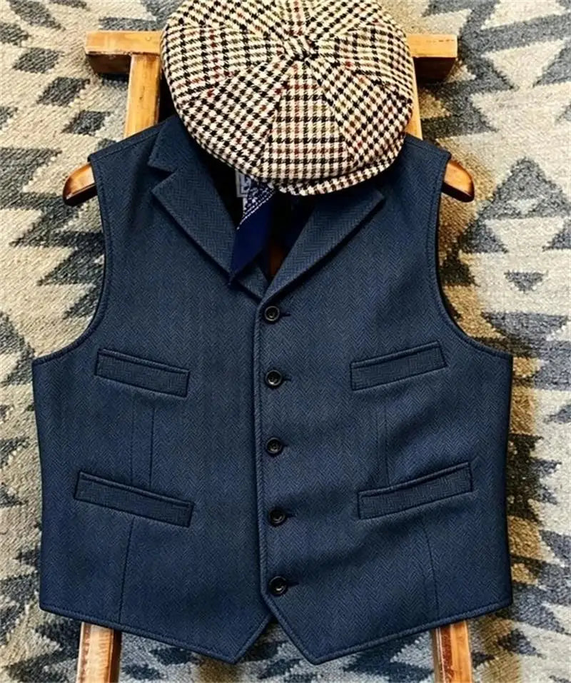 Men's Wool Tweed Suit Vest Lapel V Neck Sleeveless Herringbone Retro Casual Slim Fit Wedding Business Waistcoat for Tuxedos