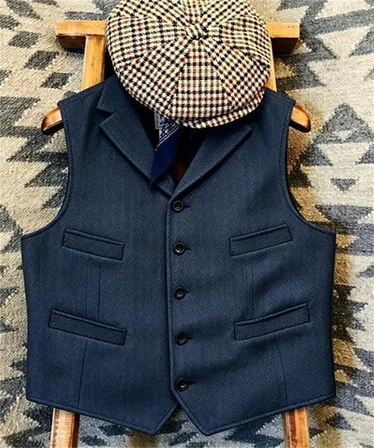 Men's Wool Tweed Suit Vest Lapel V Neck Sleeveless Herringbone Retro Casual Slim Fit Wedding Business Waistcoat for Tuxedos
